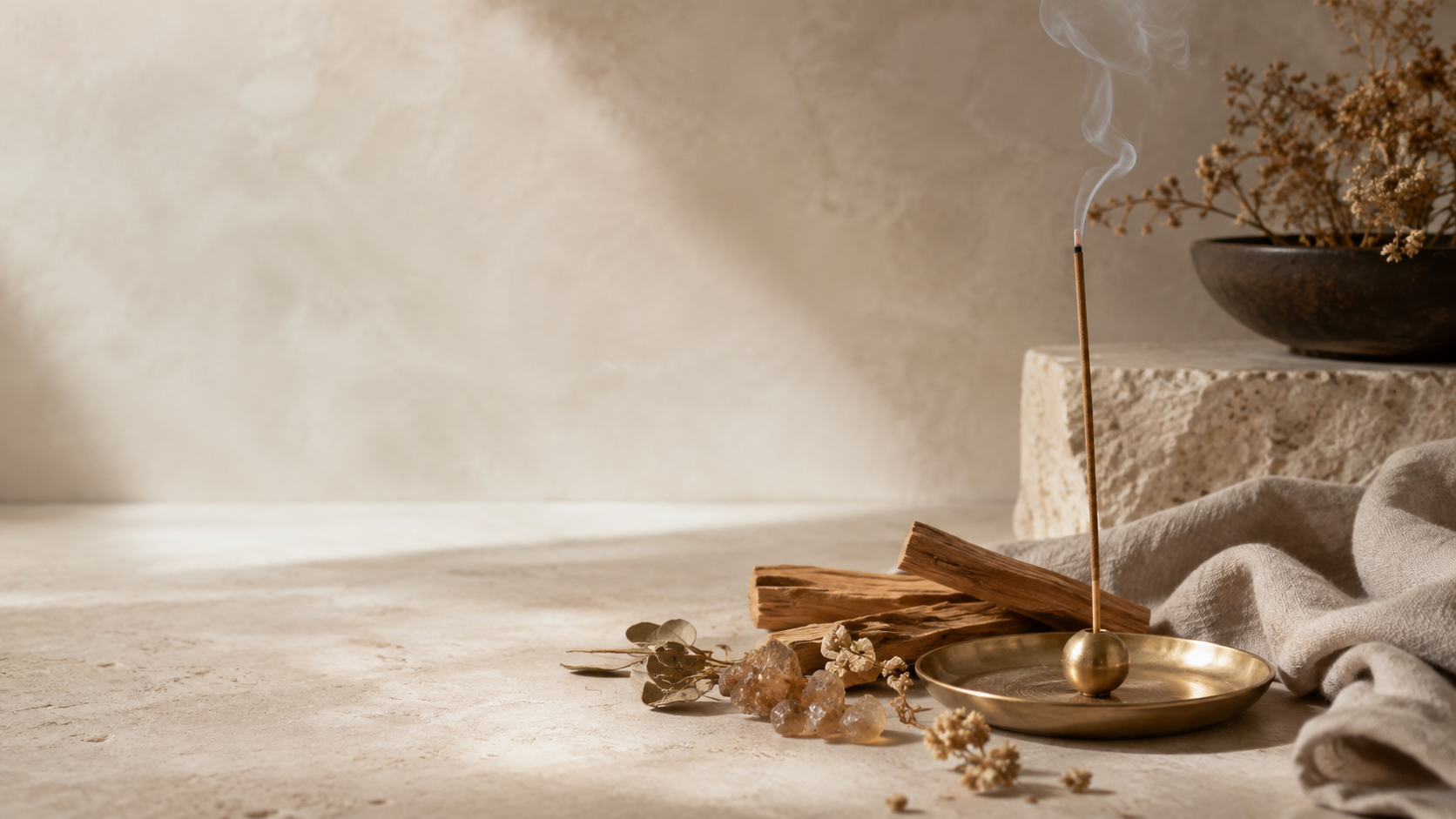 A single incense stick burning beside woods, resin and linen