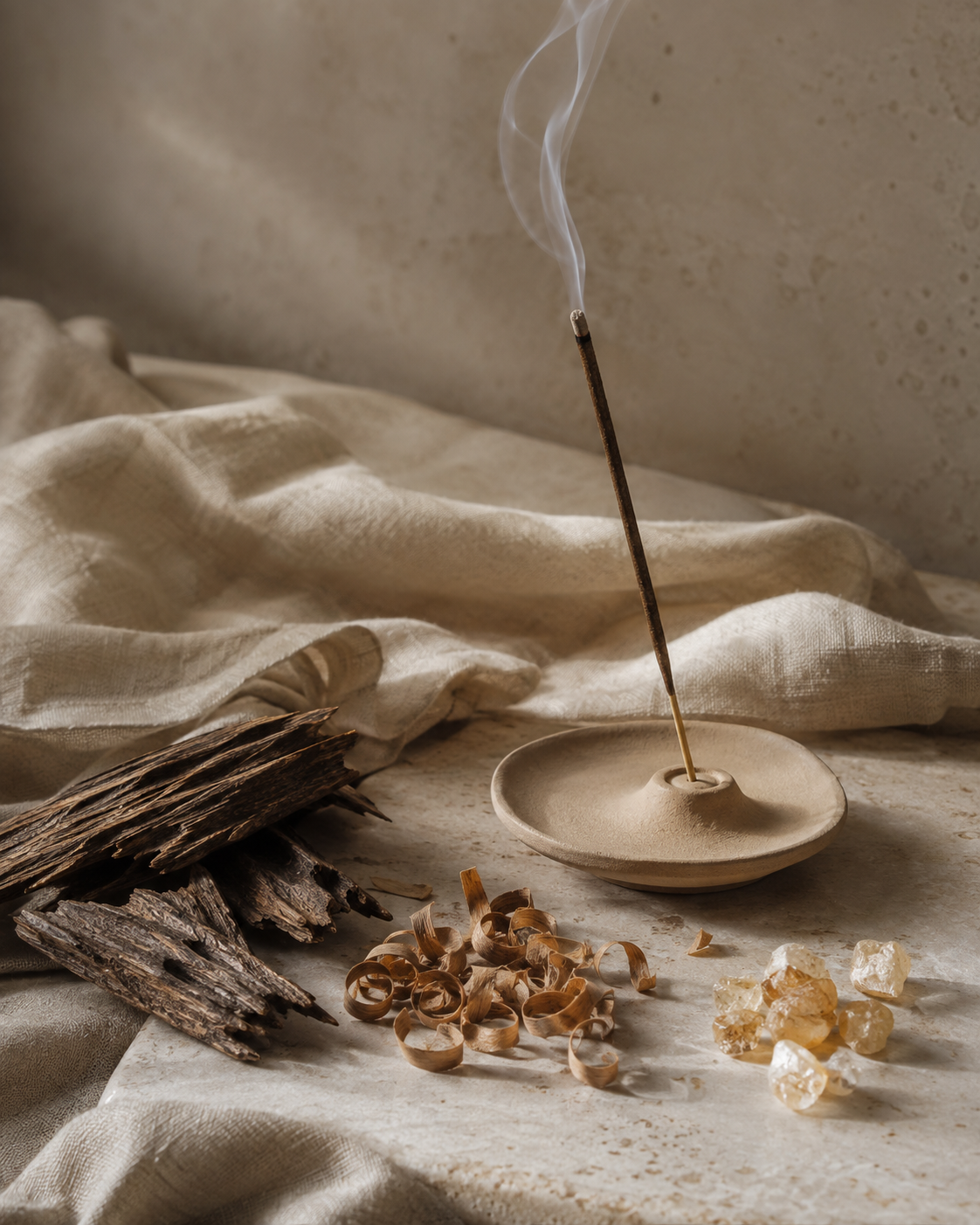 Botanical woods, resin and incense arranged on pale stone